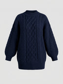 Navy blue cable knit mini dress with ribbed collar and cuffs, front view.