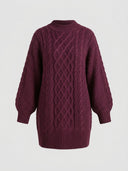 Burgundy cable knit mini dress with balloon sleeves and ribbed cuffs, front view on white background.