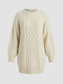 Cream cable knit mini dress with ribbed cuffs and hem, front view.