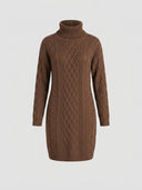 Brown cable knit mini dress with high neck and long sleeves, front view.