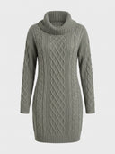 Gray cable knit mini dress with a high neck, long sleeves, and ribbed trim, front view.