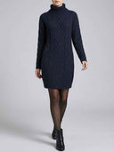 Navy blue cable knit mini dress with high neck, front view on gray background.