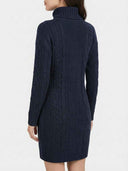 Navy blue cable knit mini dress with high neck, back view.