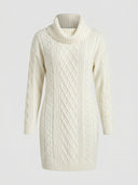 Cream cable knit mini dress with a high neck and long sleeves, front view.