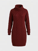 Red knit mini dress with high neck and cable knit pattern, front view.