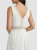White lace maxi dress with beige V-neck trim and waist detail, back view.