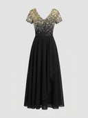 Black maxi dress with gold sequin V-neck top, short sleeves, and ruffled skirt, front view.