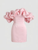 Pink off-shoulder mini dress with large ruffled sleeves, front view on a light background.