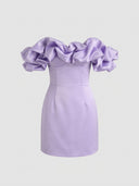 Lavender off-shoulder mini dress with voluminous ruffles, front view on a light gray background.