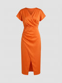 Orange satin V-neck midi dress with short sleeves and side ruching, front view.