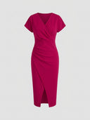 Fuchsia V-neck midi dress with short sleeves and ruched waist, front view on a white background.