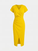 Yellow V-neck midi dress with short sleeves, ruched waist, and tulip hem, front view.