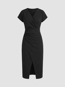 Black V-neck midi dress with short sleeves and ruched side, front view.