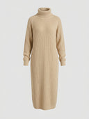 Beige knit maxi dress with turtleneck and long sleeves, front view on white background.