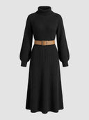 Black knit turtleneck maxi dress with long sleeves and a tan belt, front view.