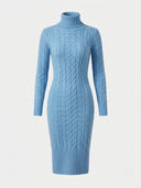 Light blue cable knit turtleneck midi dress, front view on white background.