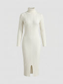 Cream cable knit midi dress with turtleneck and front slit, front view on gray background.