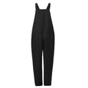 Black sleeveless jumpsuit with wide straps, front view on white background.