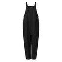 Black jumpsuit with tie straps and side pockets, front view on white background.