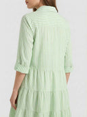 Green and white striped mini dress with tiered skirt, rolled sleeves, back view.