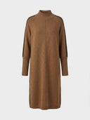 Brown knit mini dress with dark brown shoulder stripes, ribbed turtleneck, and cuffs, front view.