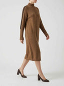 Brown turtleneck knit mini dress with dark brown shoulder stripe, side view.