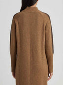 Brown knit mini dress with dark brown side stripe, ribbed turtleneck and cuffs, back view.