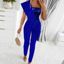 Blue one-shoulder jumpsuit with sequin bust and waist tie, front view.