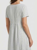Gray and white striped mini dress with gathered waist, back view.