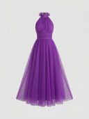 Purple halter neck maxi dress with ruffled collar and ruched bodice, front view on white background.