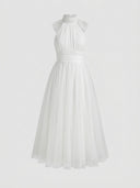 White halter neck maxi dress with pleated bodice, cinched waist, and tulle skirt, front view.