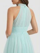 Aqua halter neck maxi dress with gathered bodice and full skirt, back view.