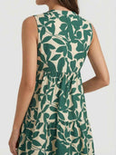 Green and beige floral mini dress with elastic waist and tiered skirt, back view.