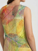 Sleeveless mini dress with colorful leaf print, shown from the back.