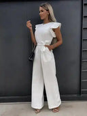 White ruffled sleeve jumpsuit with coordinating waist belt, angled front view.