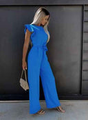 Blue ruffled sleeve jumpsuit with coordinating waist belt, angled side view.