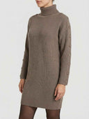 Brown knit turtleneck long sleeve mini dress with sleeve buttons, angled front view.