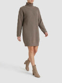 Taupe ribbed knit mini dress with turtleneck and shoulder buttons, angled front view.