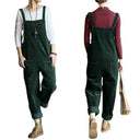Dark green sleeveless corduroy jumpsuit with side pockets, shown from front and back on a white background.