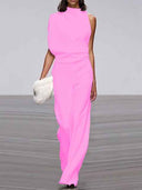 Pink sleeveless crew neck jumpsuit, front view on a runway.