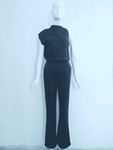 Black sleeveless crew neck jumpsuit on mannequin, front view.