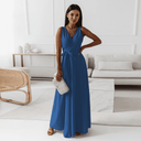 Blue sleeveless deep V-neck maxi dress with tie waist, front view on white background.