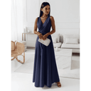 Navy sleeveless deep V-neck maxi dress with waist tie, front view on a white background.