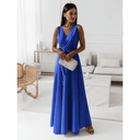 Blue sleeveless deep V-neck maxi dress with waist tie, front view in a white room.