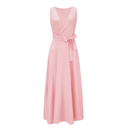 Pink sleeveless deep V-neck maxi dress with tied waist, front view.