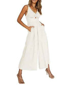 Off-white wide-leg overall with twisted bust, cutout, and pockets, angled front view.
