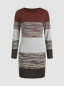 Brown, gray, and off-white striped long sleeve knit mini dress, front view on a white background.