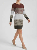 Woman in brown, grey, and olive striped knit dress walking right on white background, angled view.