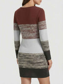Striped knit mini dress with long sleeves, shown from the back on a white background.