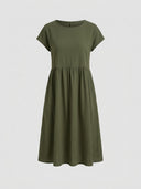 Olive green mini dress with short sleeves and gathered waist, front view on white background.